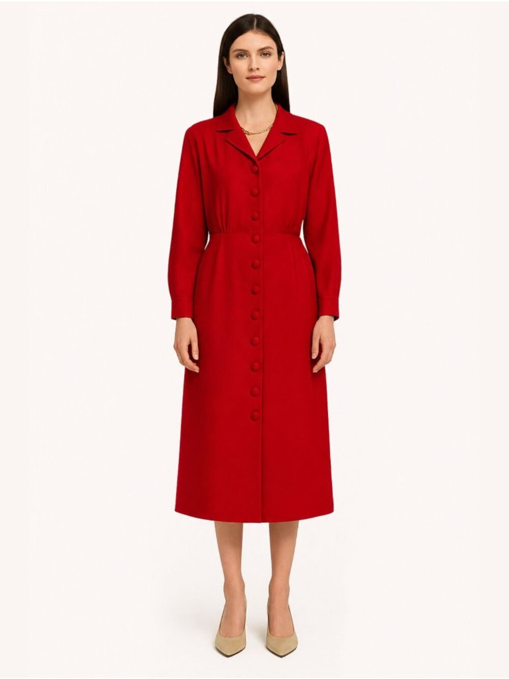 Talbots Dress Size 14 Red Wool Button Front Long Sleeve Vintage 90s USA